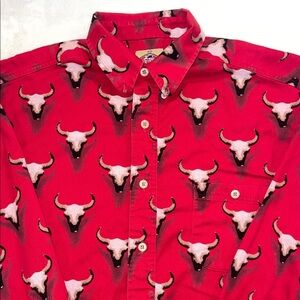 Vintage Women’s Barn Fly Bull Skull Print Button-Up Shirt, Size Medium